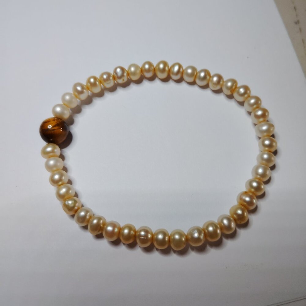 Real Pearl & Tiger’s Eye Stretch Bracelet – Natural Stone Beads, 2.5"